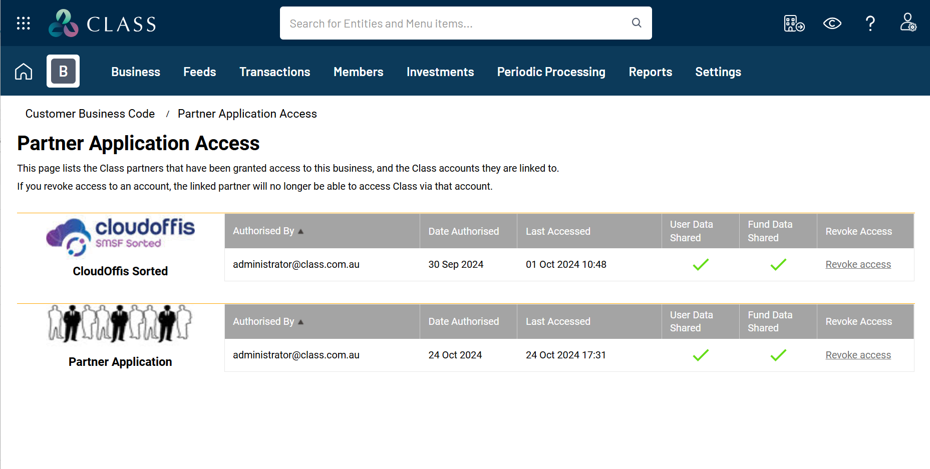 A screenshot showing the Partner Application Access screen in Class.